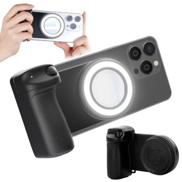 For Magsafe Bluetooth-Compatible Shutter Phone Hand Grip with Fill Light & Reflective Mirror Selfie Handle for iPhone 16 15 Vlog