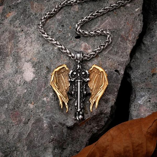 Mens Norse Knight Necklaces Titanium Steel Gold Color Archangel Wings Amulet Pendant Male Jewelry Never Fade Guardian Angel Gift