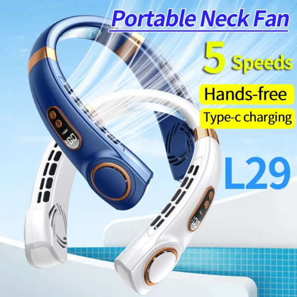 Mute USB Personal Fan LED Digital Display 5 Speeds Rechargeable Bladeless Portable Neck Fan for Home School Office