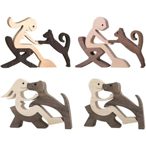 Cute Wood Dog Human Statue Craft Figurine Desktop Table Ornament Carving Model Home Room Decoration Pet Sculpture Christmas Gift